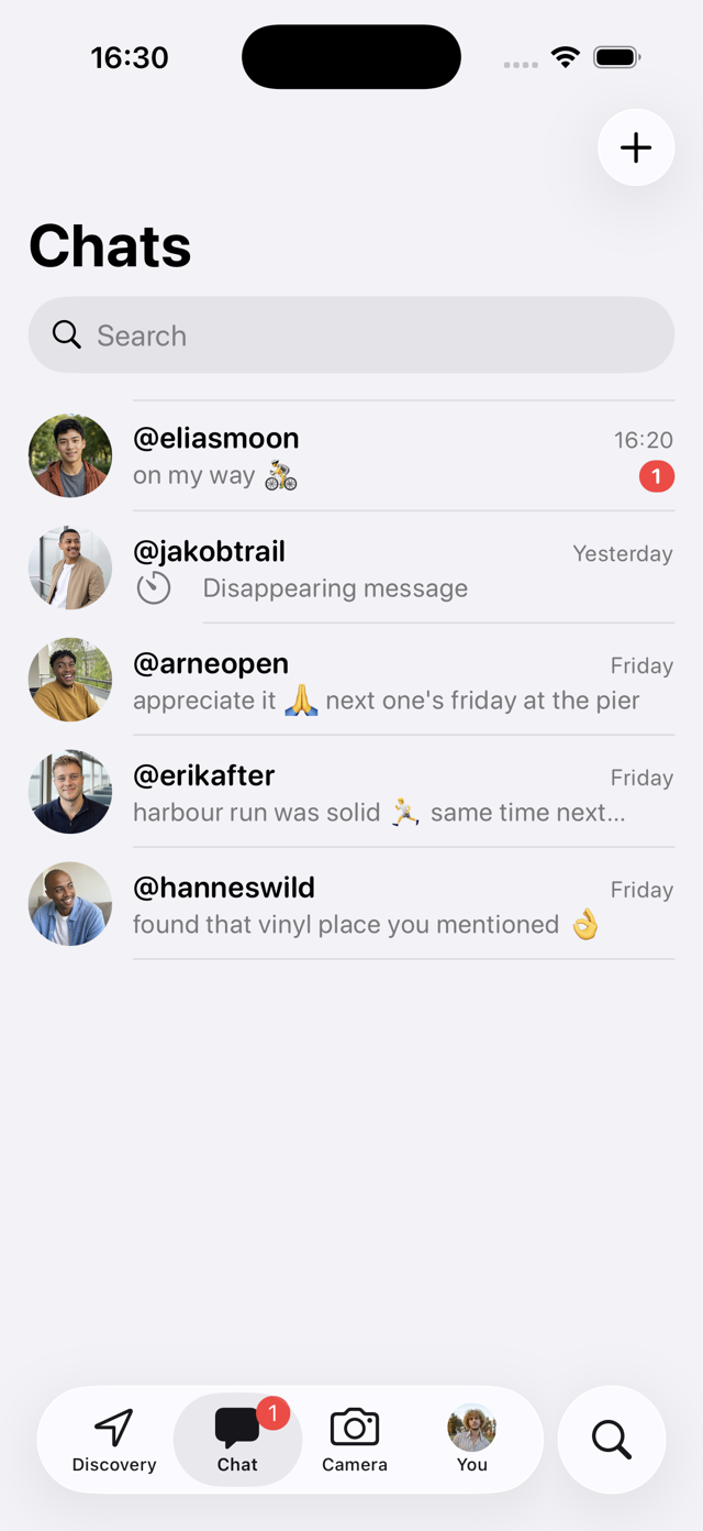 Abbs light-mode Chats list with an unread conversation and disappearing-message status