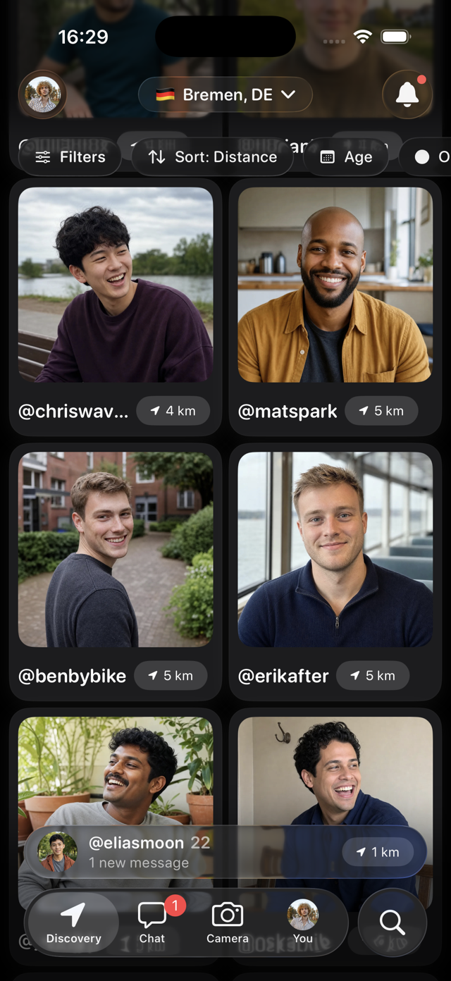 Abbs dark-mode Discovery grid in Bremen with filters and a new-message tab bar accessory