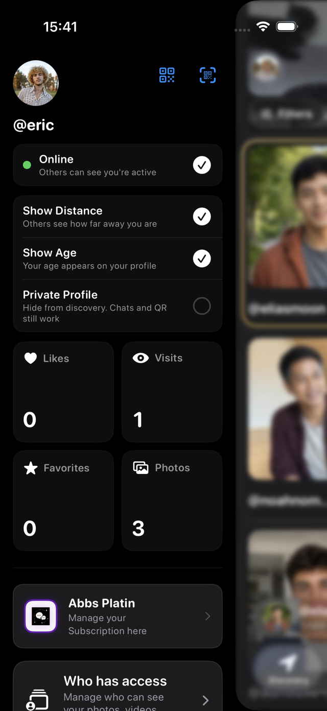 Abbs dark-mode sidebar with online, distance, age and private-profile controls