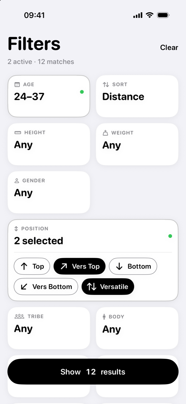 Abbs filter screen with age, distance and profile preferences