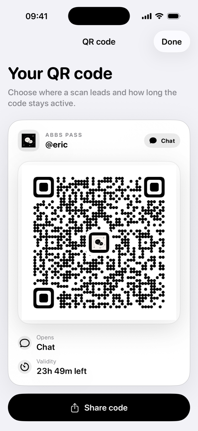 Abbs QR pass that opens a chat