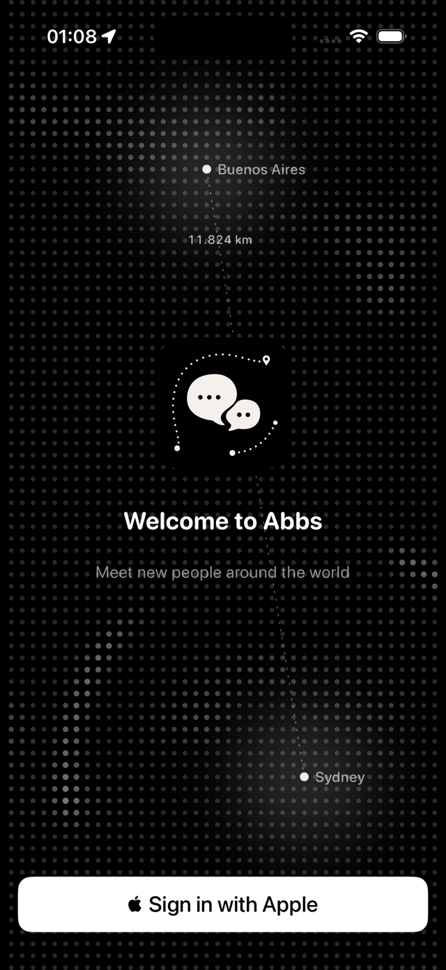 Abbs dark-mode welcome screen with a dotted route between Buenos Aires and Sydney and a Sign in with Apple button
