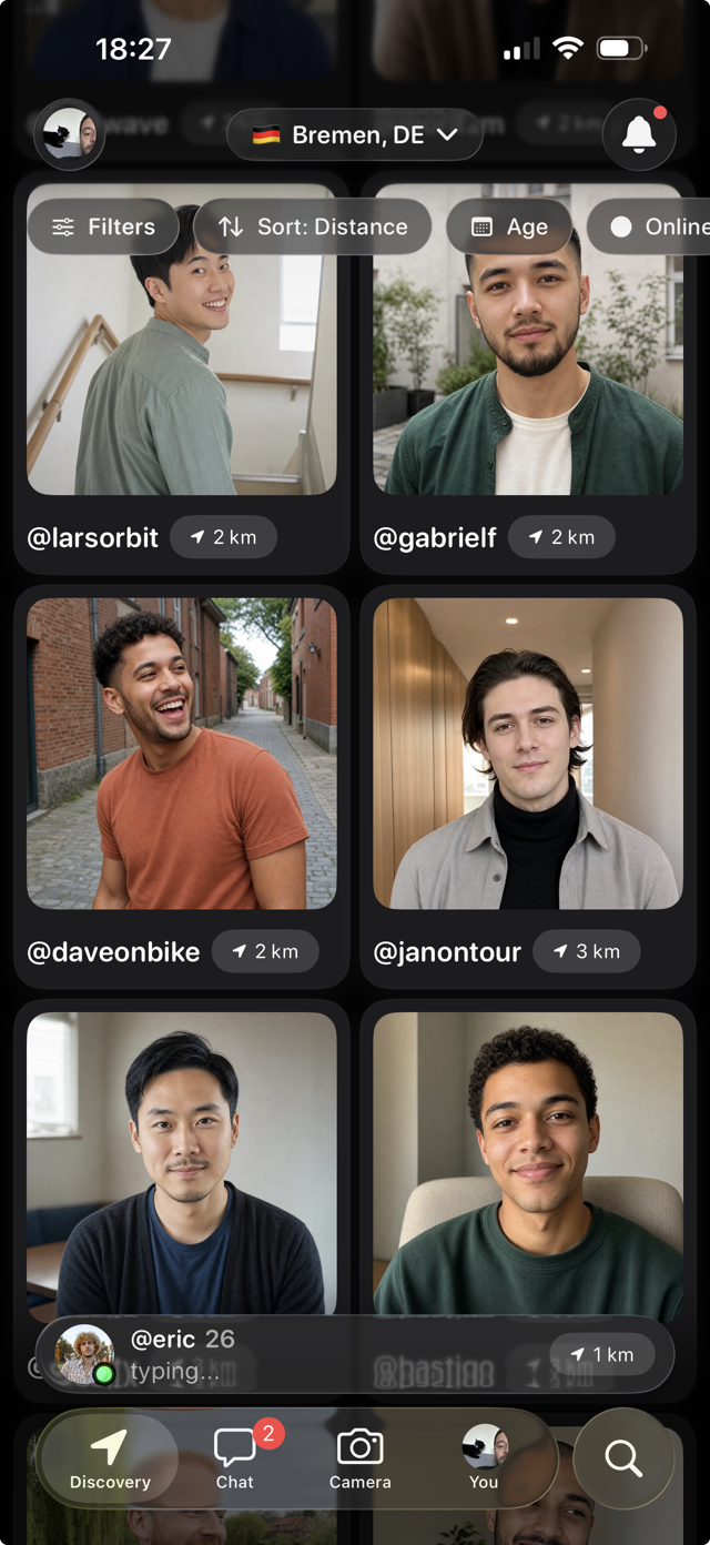 Abbs dark-mode Discovery grid with an expanded typing alert for Eric above the full tab bar