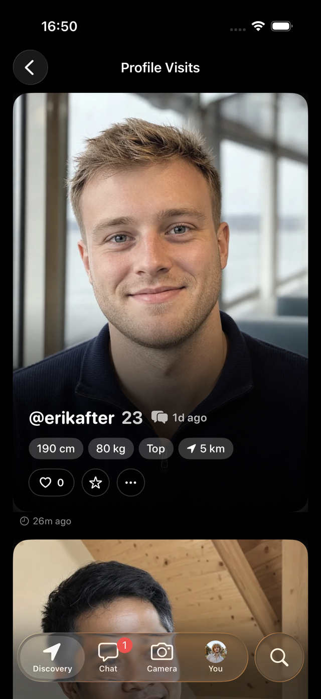 Abbs dark-mode Profile Visits screen showing a recent visitor's profile, distance, details and quick social actions